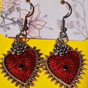 Silver and Red Heart Eye Earrings